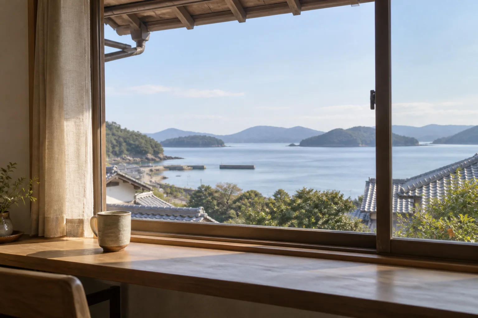 海辺の住まいの窓から穏やかな海を眺めるイメージ（AI生成イメージ）