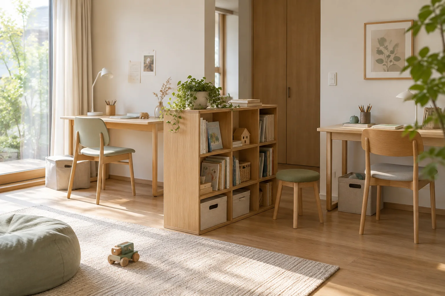 家具の配置を変えながら使える明るい部屋（AI生成イメージ）