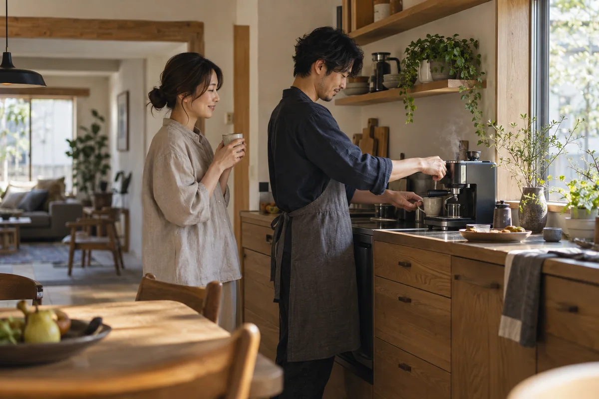 窓辺のコーヒーカウンターで、夫婦が朝のコーヒーを用意する暮らしのイメージ
