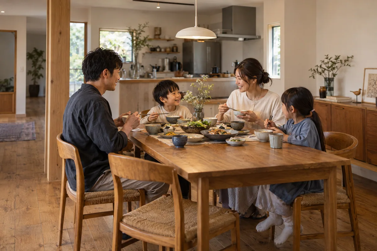 こだわりの木のテーブルと器を囲み、夫婦と2人の子どもが食事を楽しむ暮らしのイメージ