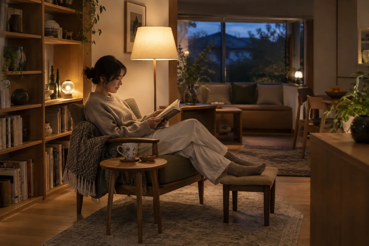好きな本と雑貨のある部屋で、あたたかな灯りの下で読書を楽しむ夜の暮らしのイメージ