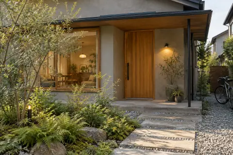 植栽と木の玄関が迎える、戸建てのアプローチ（AI生成イメージ）