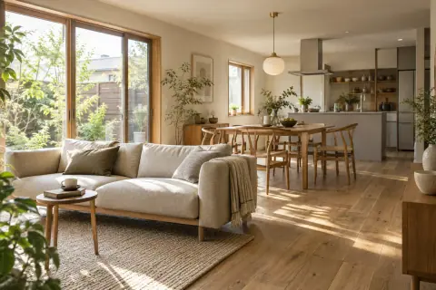 家具と照明を楽しむ、コンパクトなLDK（AI生成イメージ）